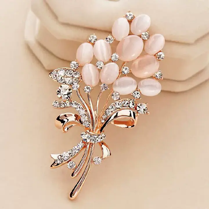 Fashionable Opal Stone Flower Brooch Pin Garment Accessories Birthday Gift Brooches For Women Rhinestone Brooch