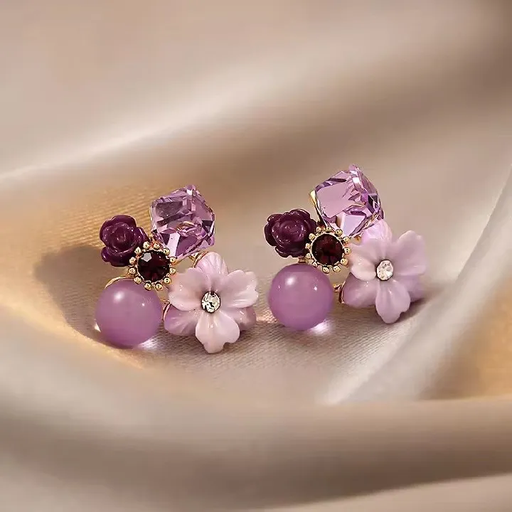 1PairPurple Crystal Flower Stud Earrings For Woman Korean Fashion Jewelry Wedding Party Girl Elegance Set Accessories