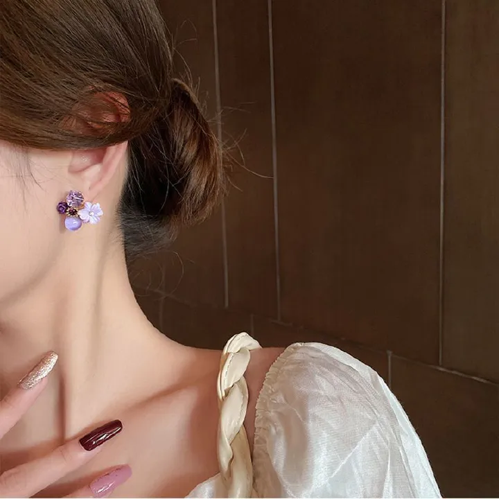 1PairPurple Crystal Flower Stud Earrings For Woman Korean Fashion Jewelry Wedding Party Girl Elegance Set Accessories