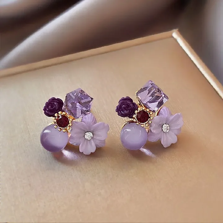 1PairPurple Crystal Flower Stud Earrings For Woman Korean Fashion Jewelry Wedding Party Girl Elegance Set Accessories