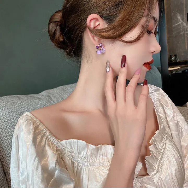 1PairPurple Crystal Flower Stud Earrings For Woman Korean Fashion Jewelry Wedding Party Girl Elegance Set Accessories
