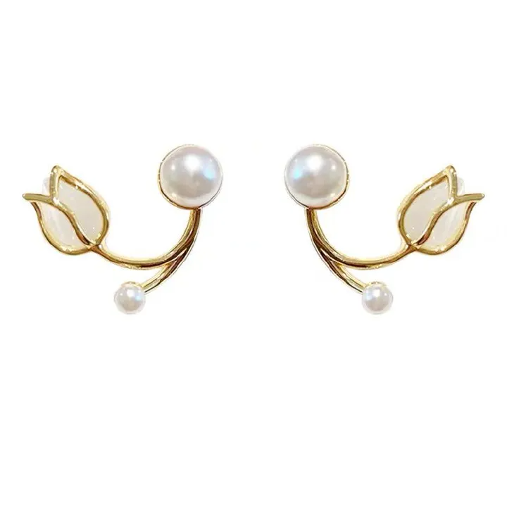 1 pair S925 Silver Needle Tulip Earrings Female Design Sense French Flower High Grade Cat's Eye Stone Pearl Earrings Earrings