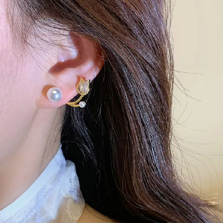 1 pair S925 Silver Needle Tulip Earrings Female Design Sense French Flower High Grade Cat's Eye Stone Pearl Earrings Earrings