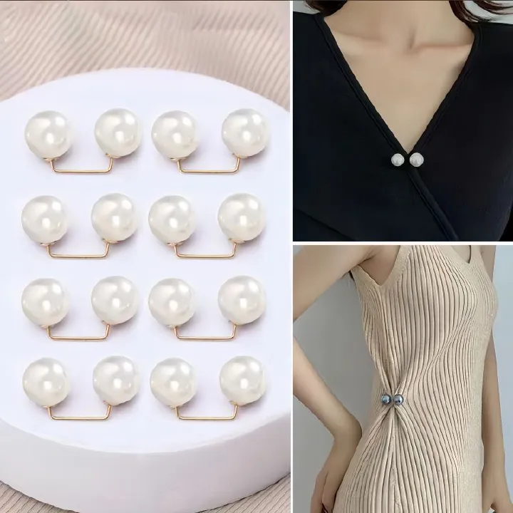 8pcs Luxurious Pearl Brooch Set - Non-Slip Safety Pin, Adjustable Dress Waist Tightener, Collar Fitter, Scarf Holder, Fashion Accessories with Imitation Pearl Buttons - Champagne, Grey, White Colors