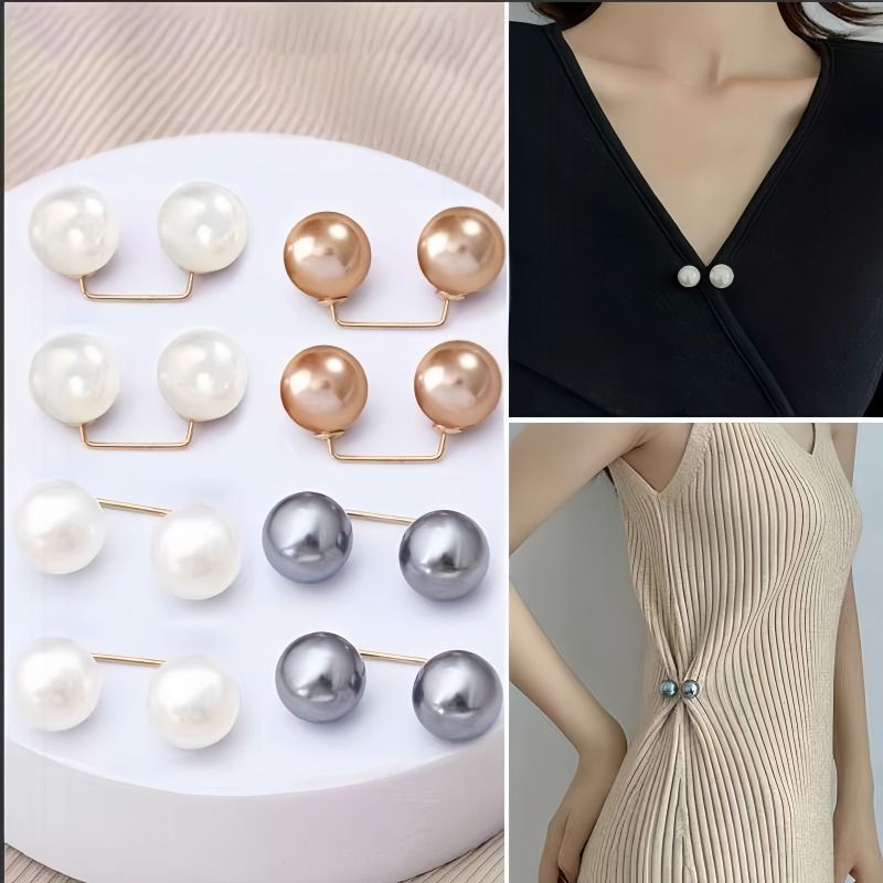 8pcs Luxurious Pearl Brooch Set - Non-Slip Safety Pin, Adjustable Dress Waist Tightener, Collar Fitter, Scarf Holder, Fashion Accessories with Imitation Pearl Buttons - Champagne, Grey, White Colors