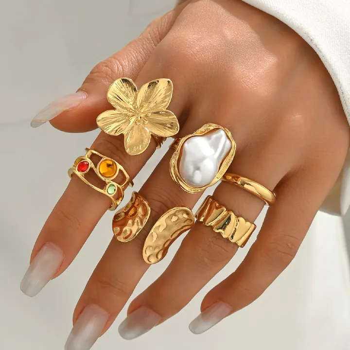 European and American retro geometric metal ring set women's fashion opening design ring party accessories 6pcs