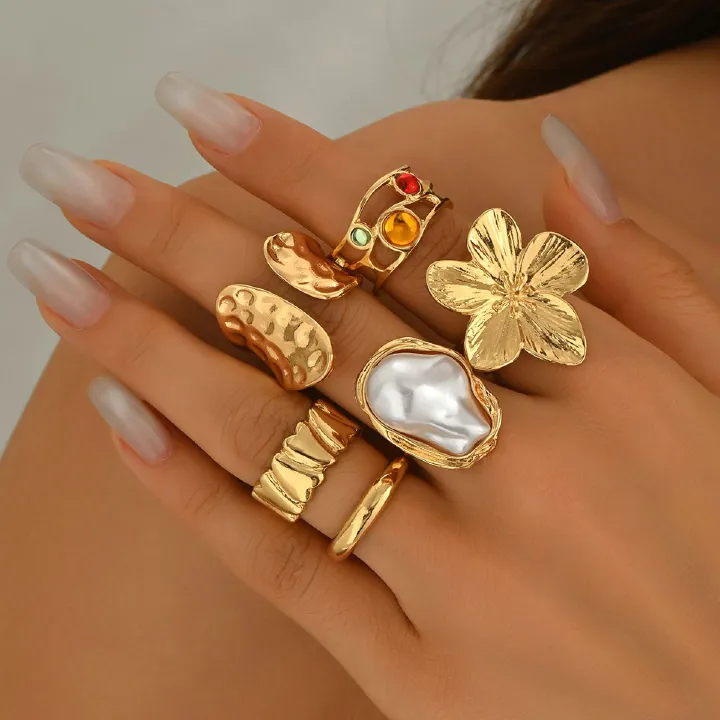 European and American retro geometric metal ring set women's fashion opening design ring party accessories 6pcs
