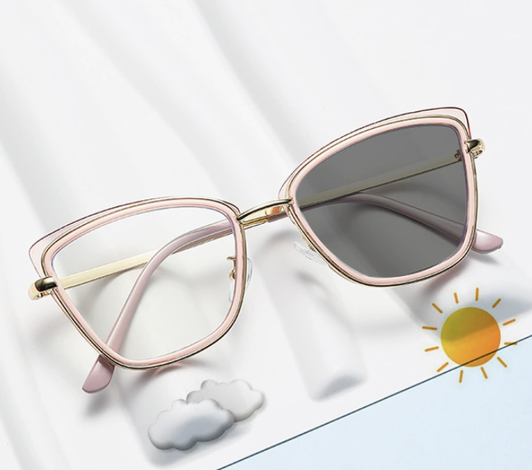 2025 Custom Logo Photo Grey Glasses New Women Optical Blue Light Optical Glasses Metal Cat Eye Photochromic Eyeglasses Frame 1PC