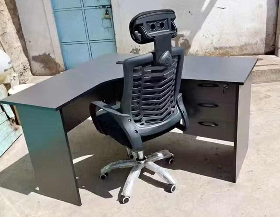 Grey L-Shaped Office/Study Desk & Premium Leather Office Chair – Perfect Combo for Comfort & Productivity.