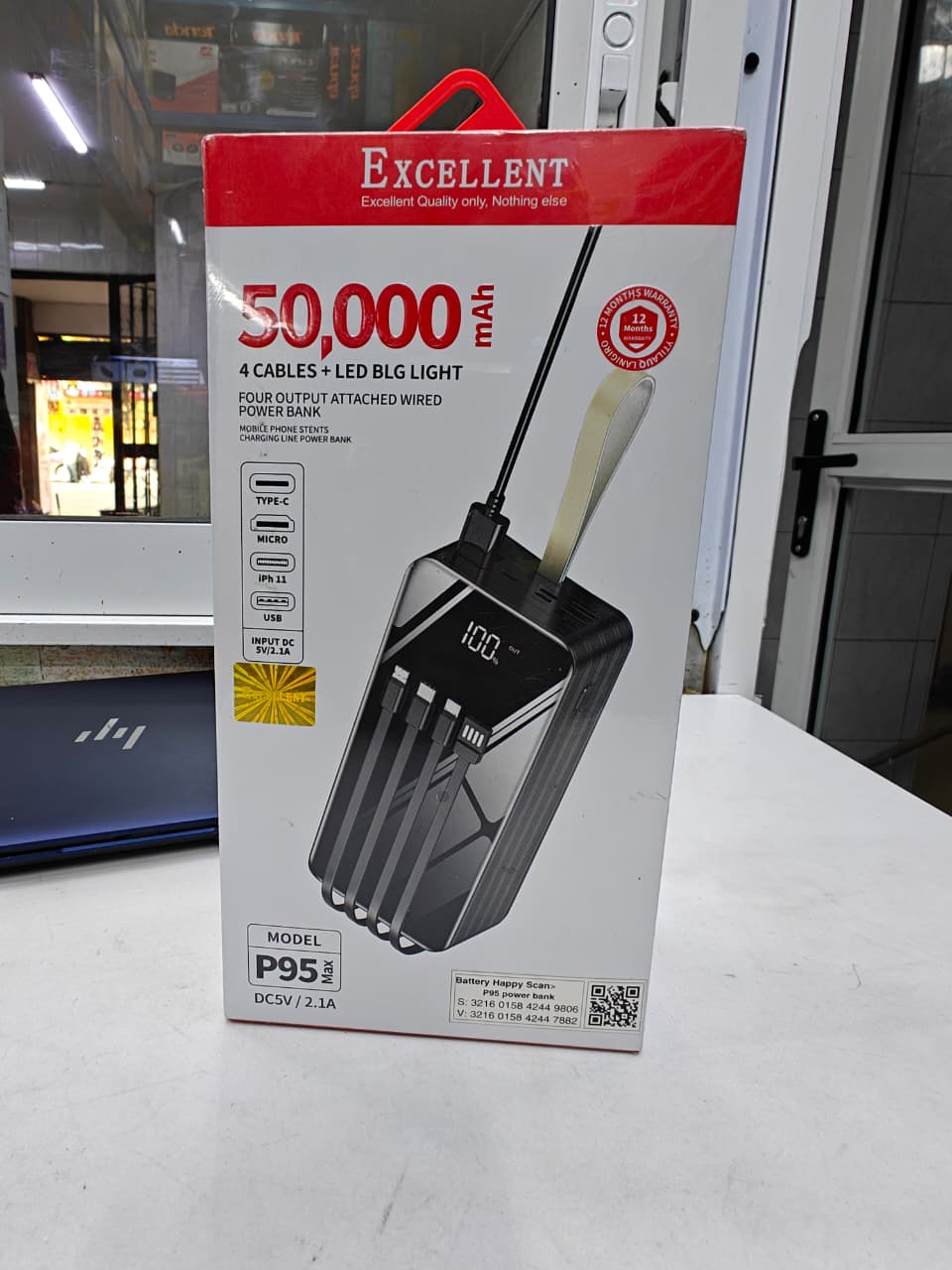 Laptop power banks P95 50,000 mAh with 4 cables +led BLG light