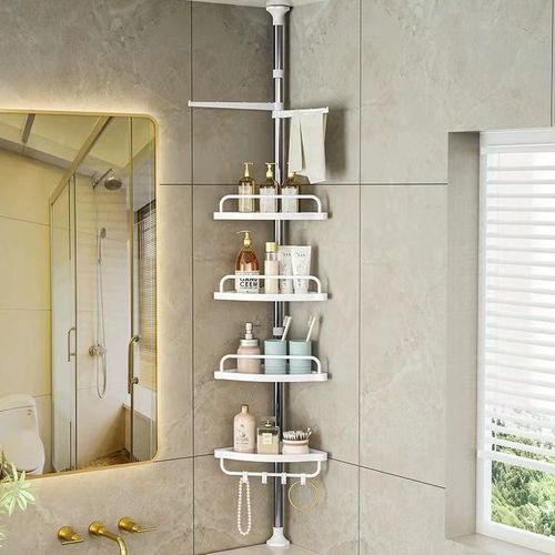Large 4 layers bathroom rack stainless steel telescopic rods stand tall toilet storage wall corner stand. Adjustable height upto 3.2 meters