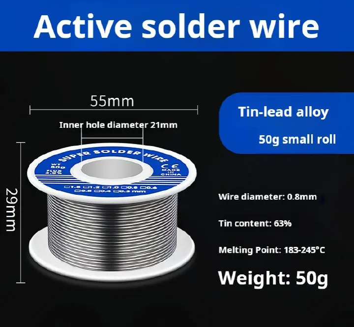 This is active solder wire, tin - lead alloy. 0.8mm diameter, 50g per roll. 63% tin content, 183 - 240℃ melting point. High soldering activity for smooth, firm joints. Ideal for electronics。