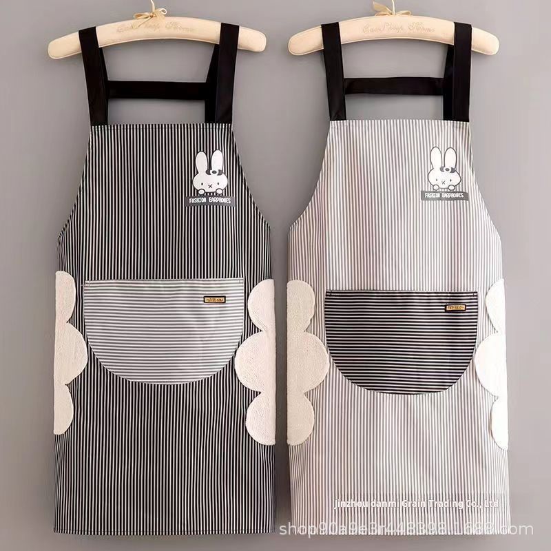2PCS Apron  available in black and white with vertical stripe designs. Feature cute rabbit cartoon patterns and have pockets. Designed as shoulder - strap styles. Suitable for both home and work use。