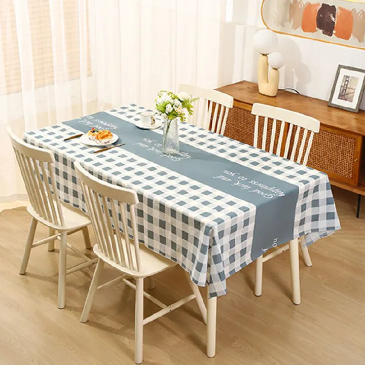Blue and White Gingham Tablecloth, 137*180cm, with Inspirational Text, Waterproof, for Dining Table. Adds a calm, stylish touch to the kitchen. Easy - to - clean, suitable for daily use and casual din