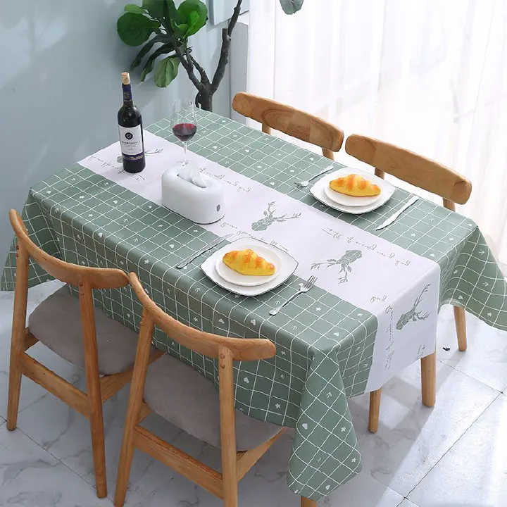 Rectangular Tablecloth, Green and White Color Scheme, Grid Pattern, Deer Motif, Table Runner Design, Home Dining Decoration, Kitchen Table Cover, Wrinkle - resistant Fabric, Easy - to - clean