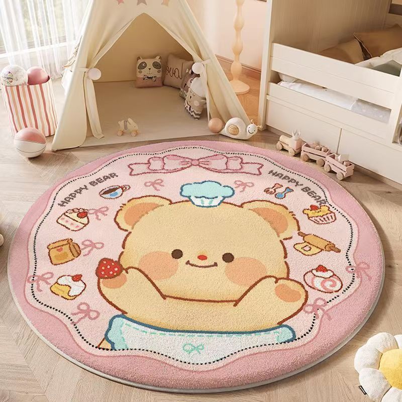 Round Kids' Rug, Adorable Bear Design, Pastel Pink, Dessert - themed Elements, Soft Material, Non - slip Backing, Ideal for Children's Room & Playroom, Home Decor, Comfortable Foot - feel, Decorative