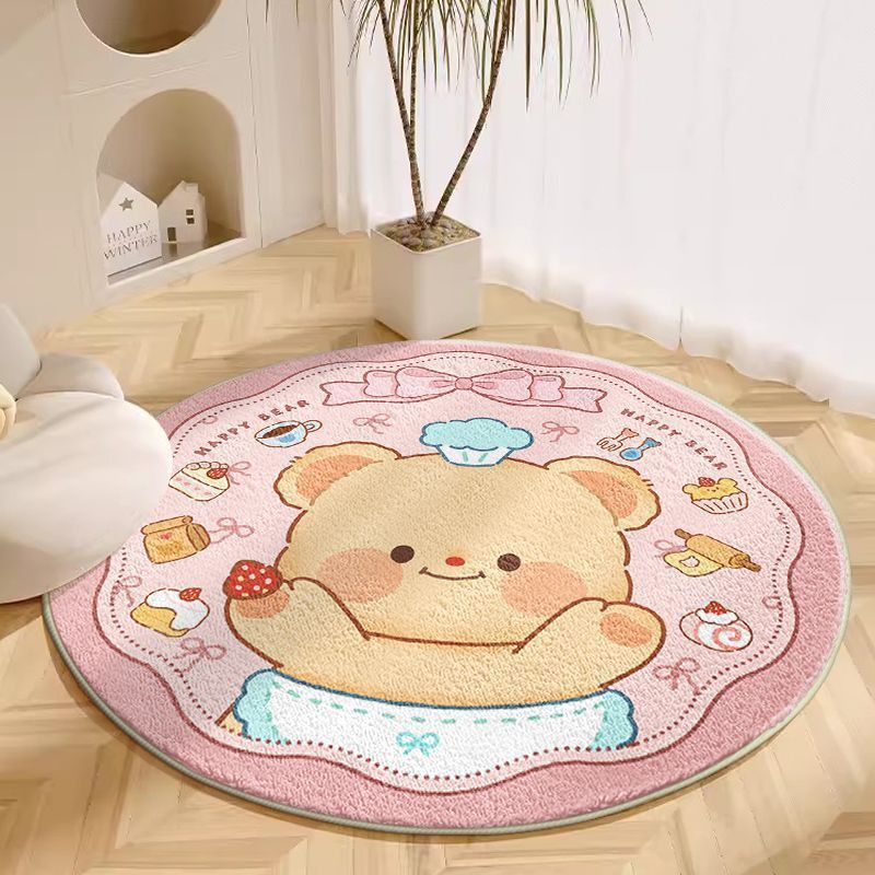 Round Kids' Rug, Adorable Bear Design, Pastel Pink, Dessert - themed Elements, Soft Material, Non - slip Backing, Ideal for Children's Room & Playroom, Home Decor, Comfortable Foot - feel, Decorative