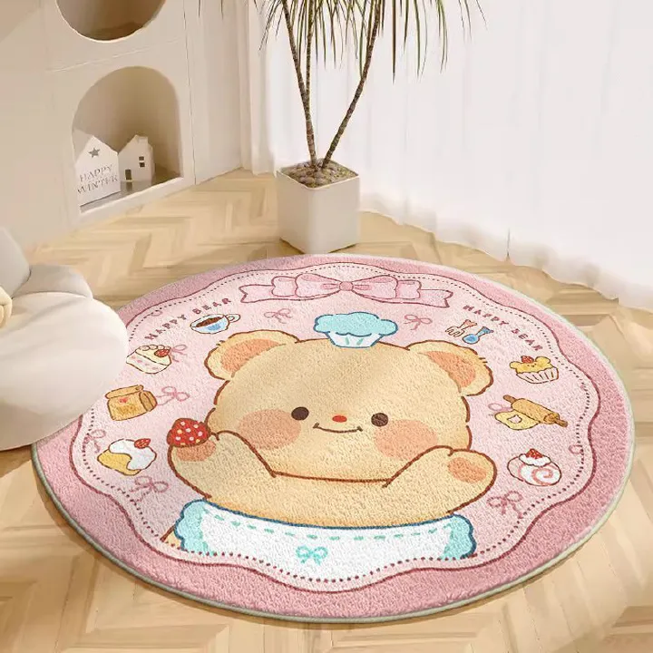 Round Kids' Rug, Adorable Bear Design, Pastel Pink, Dessert - themed Elements, Soft Material, Non - slip Backing, Ideal for Children's Room & Playroom, Home Decor, Comfortable Foot - feel, Decorative