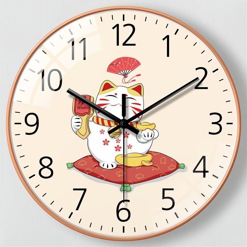 20CMRound Wall Clock,No battery included. Lucky Cat Design, Traditional Elements, Red and White Color Scheme, Wealth - themed, Home Decor, Quartz Movement, Silent Clock, Numeral Markings