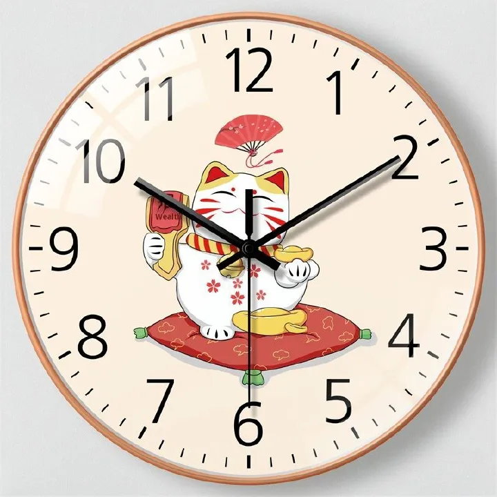20CMRound Wall Clock,No battery included. Lucky Cat Design, Traditional Elements, Red and White Color Scheme, Wealth - themed, Home Decor, Quartz Movement, Silent Clock, Numeral Markings