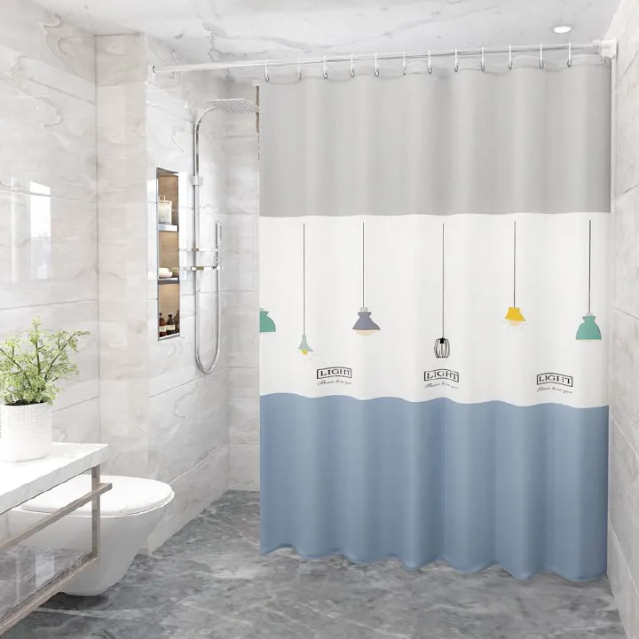 Gray - White - Blue Color - Block Shower Curtain, 180*180cm, Featuring Hanging Lamp Design, Bathroom Decor Essential, Waterproof, Privacy - Providing, Modern & Stylish
