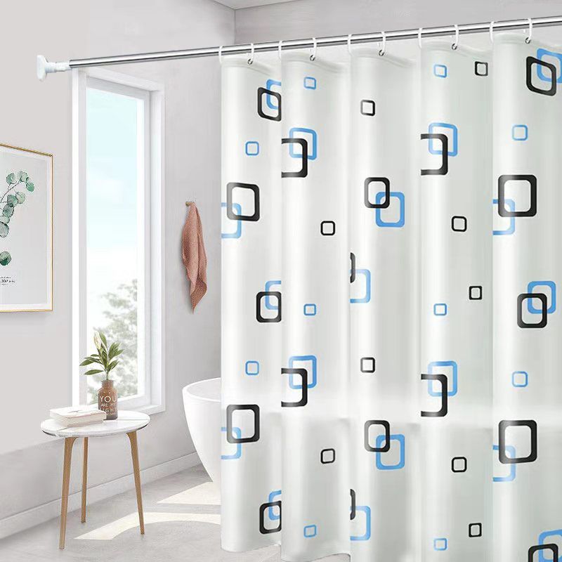 White Shower Curtain with Blue and Black Square Patterns, 180*180cm, Waterproof, for Bathroom Privacy, Modern Decor Element
