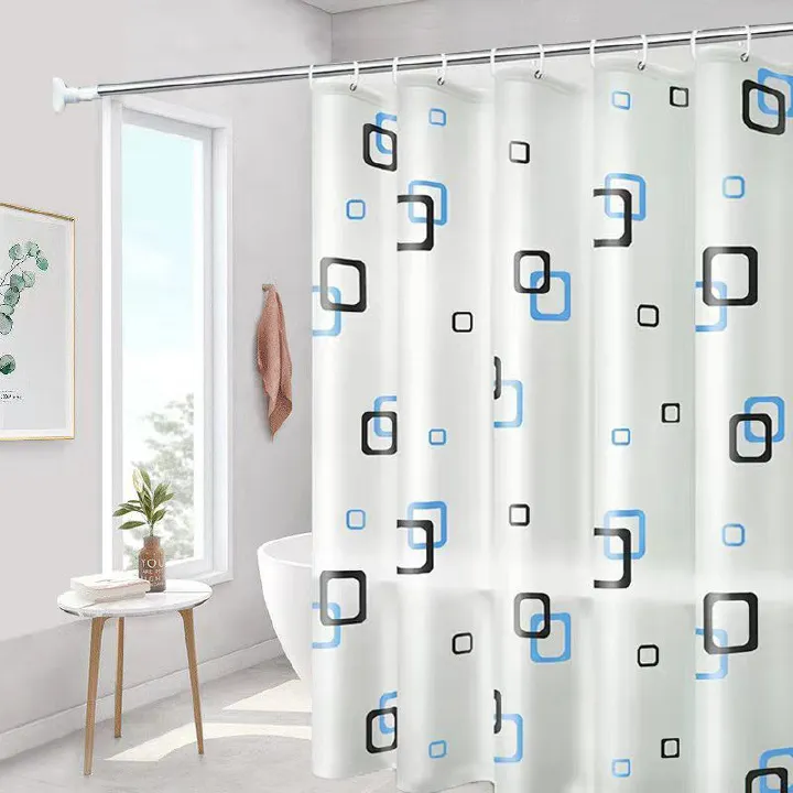 White Shower Curtain with Blue and Black Square Patterns, 180*180cm, Waterproof, for Bathroom Privacy, Modern Decor Element