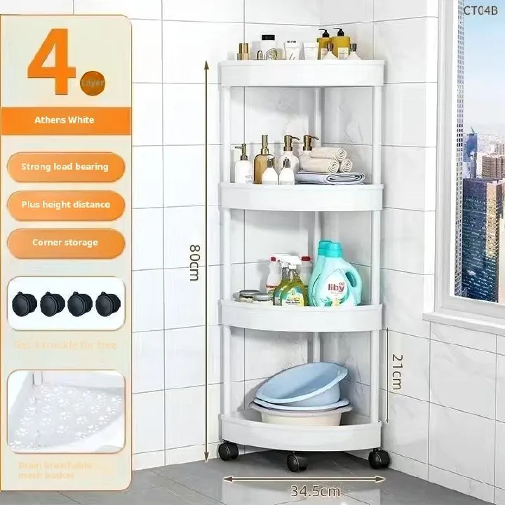 Bathroom Shelf, Corner Storage, 4 - tier, Multifunctional, Mobile with Wheels, Large Capacity, Available in White and Black, Organize Toiletries, Keep Home Tidy