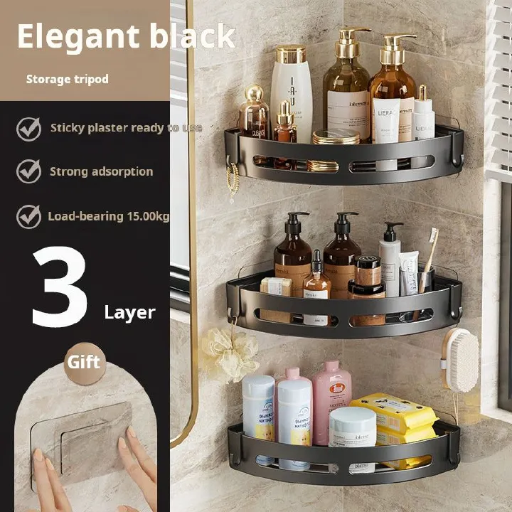 Elegant Black, No - Drill, Triangular Bathroom Shelf, Three - Tier, Wall - Mounted, Sturdy and Thickened, Large Capacity, Bathroom Storage,This product comes in a three-layer package.