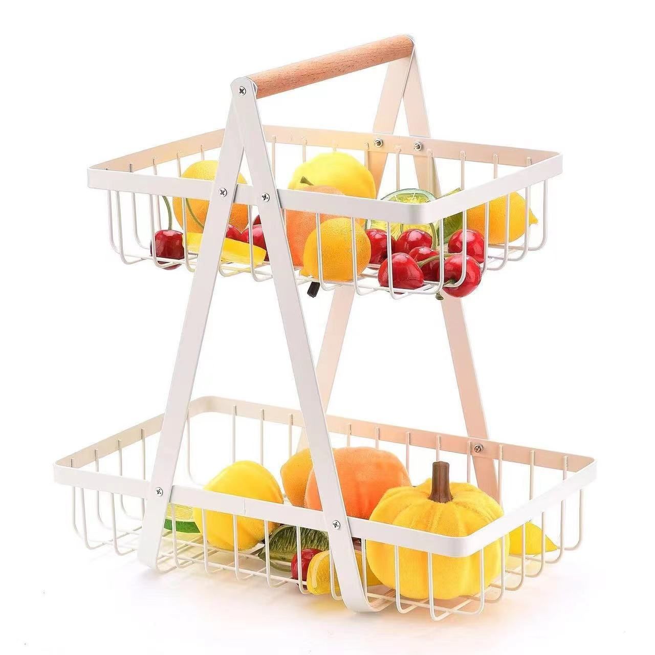 Multifunctional Fruit Basket, Two - layer Design, Removable Storage Basket, Metal Frame, Wooden Handle, Fruit Storage Solution, Kitchen Organizer, Home Decor, Suitable for Various Fruits, Cross - bord