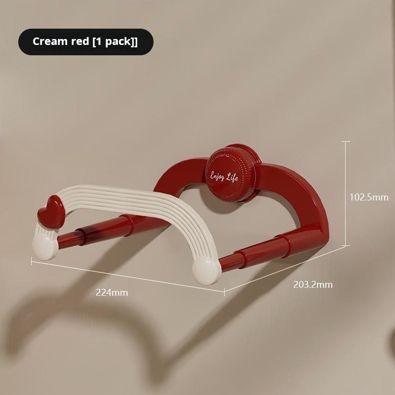 Punch - free suction cup telescopic basin rack. Red main body with white components. Wall - mounted. Used for storing basins in bathrooms or kitchens, saving space and also having a draining function