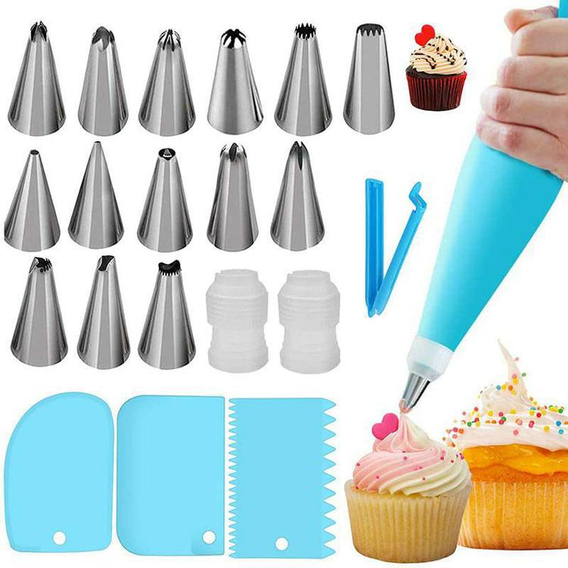 Baking tool kit, includes piping tips, bags & scrapers. Ideal for baking cakes and cupcakes. Enables decorative tasks like cream piping and smoothing, essential for bakers.