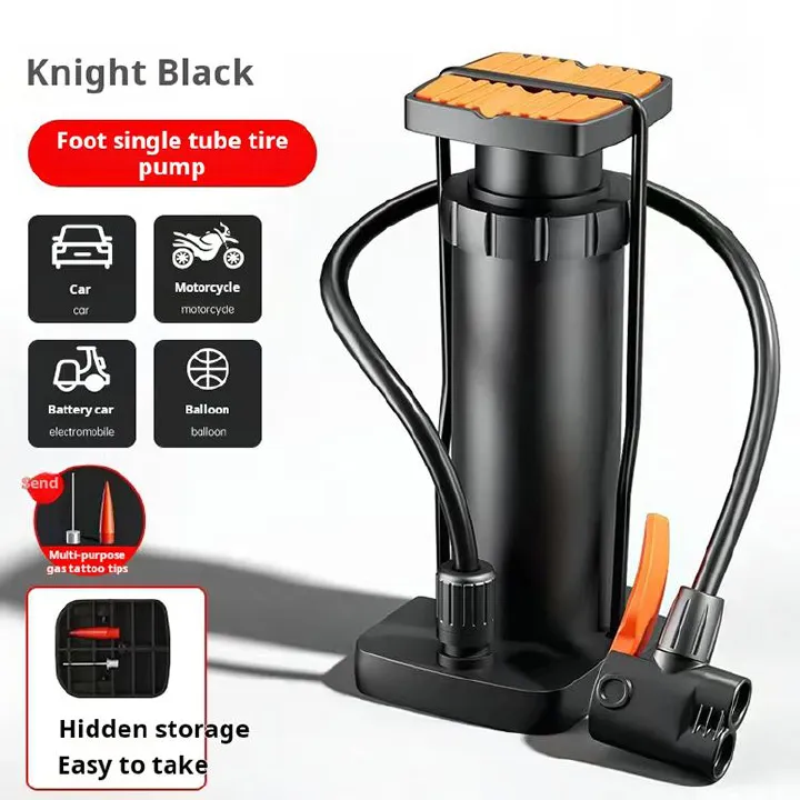 Knight Black Foot - operated Single - tube Tire Pump, Multifunctional Pump, Suitable for Car, Motorcycle, Battery Car, Balloon, Mult - purpose Gas Nozzle Tips (Included), Hidden Storage Design