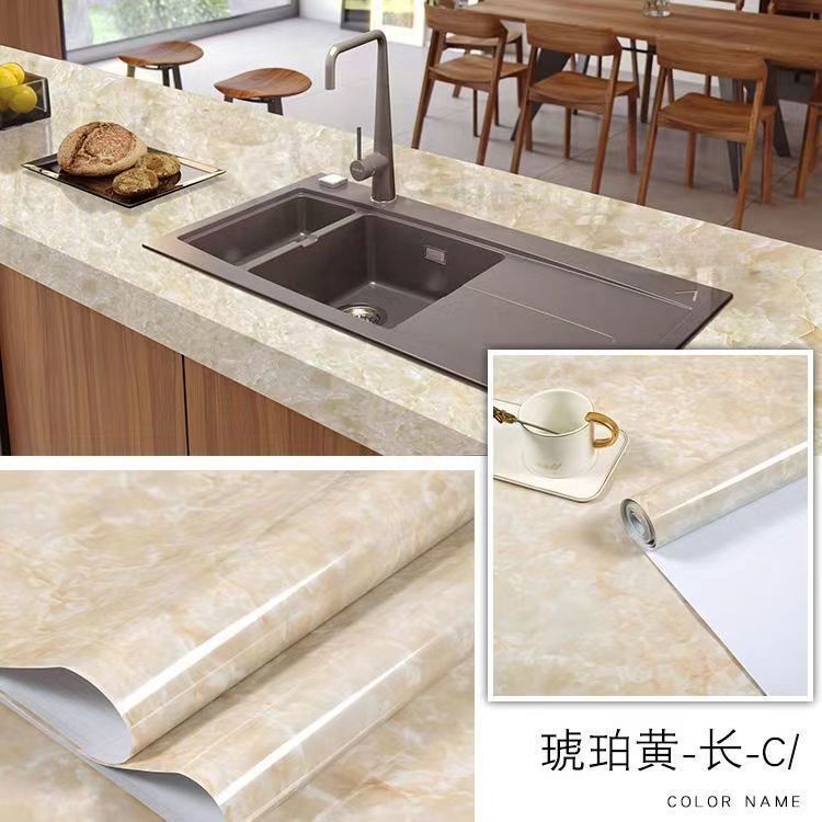 Amber-colored marble-textured wallpaper, 60 centimeters wide, available in 1-meter and 10-meter lengths.Amber-colored marble texture wallpaper, 60 cm self-adhesive removable waterproof countertop pape