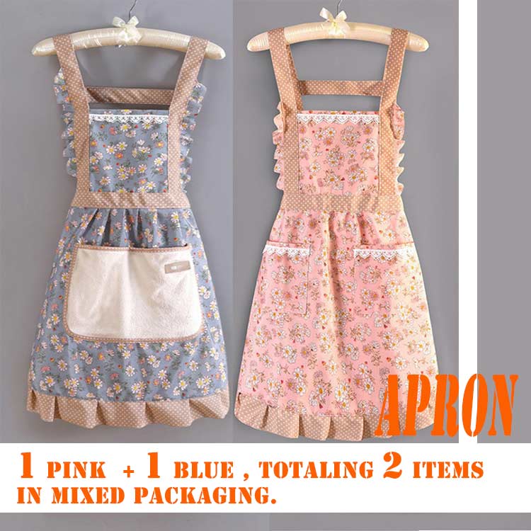 2 pcs aprons in packing. In a suspender design, they come in soft colors - blue and pink - adorned with small floral patterns. Ruffled edges add a sweet touch