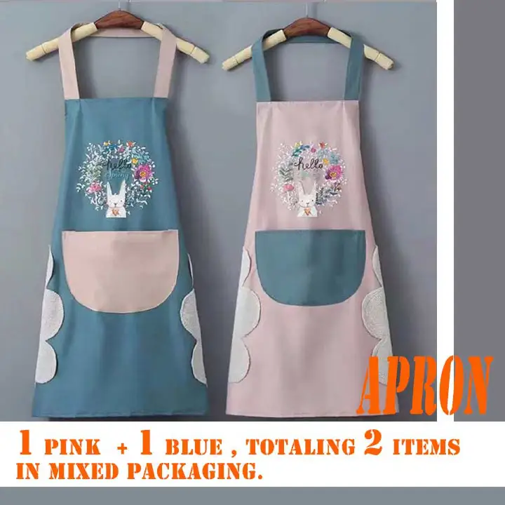 Two-color mixed fabric apron.These two stylish waterproof aprons feature color - blocking designs. Adorned with cute rabbit and floral prints, they have practical pockets. Made of waterproof fabric