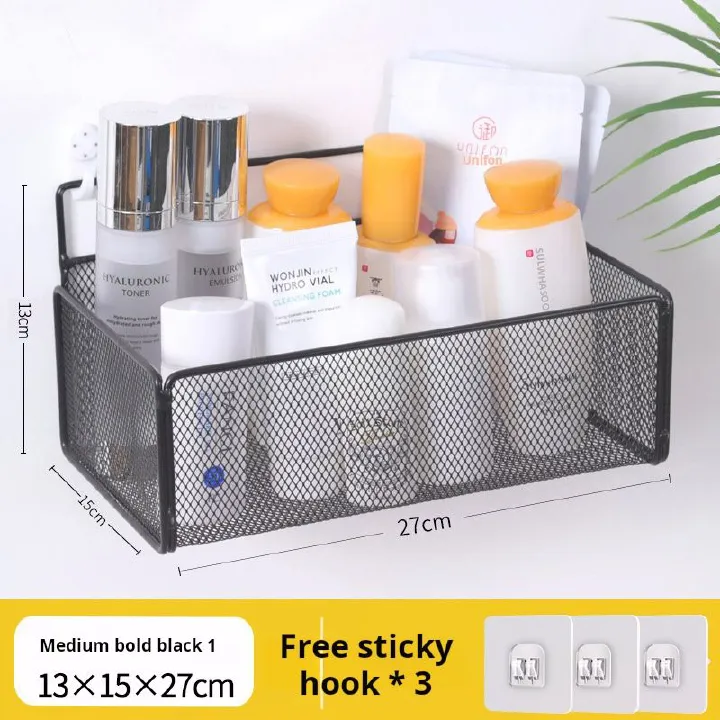 27*15*13CM  Bathroom storage rack, multi - layer design, metal material, grid structure. Can be used to hang toiletries. Suitable for bathroom storage and helps save space.