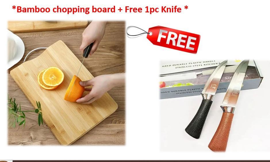 Bamboo HIGH-QUALITY CHOPPING BOARD PLUS 1PC FREE KNIFE , perfect for slicing meats, fruits and vegetables Designed with a convenient handle, it allows for easy cleaning .