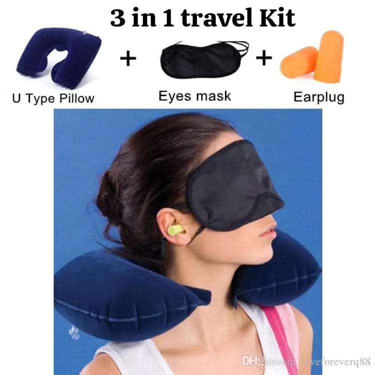 3 In 1 Air Travel Kit Combo - Pillow, Ear Buds & Eye Mask (Inflatable Neck Cushion - Flannelette, Ear Buds - Cotton Foam, Eye Mask - Polyester) (3 in 1 pillow for traveling.)