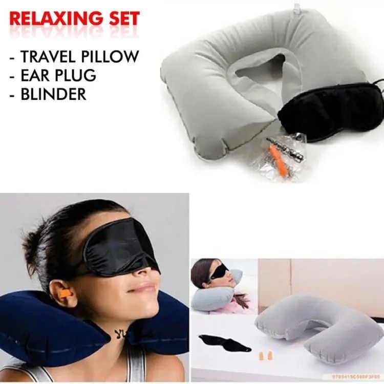 3 In 1 Air Travel Kit Combo - Pillow, Ear Buds & Eye Mask (Inflatable Neck Cushion - Flannelette, Ear Buds - Cotton Foam, Eye Mask - Polyester) (3 in 1 pillow for traveling.)