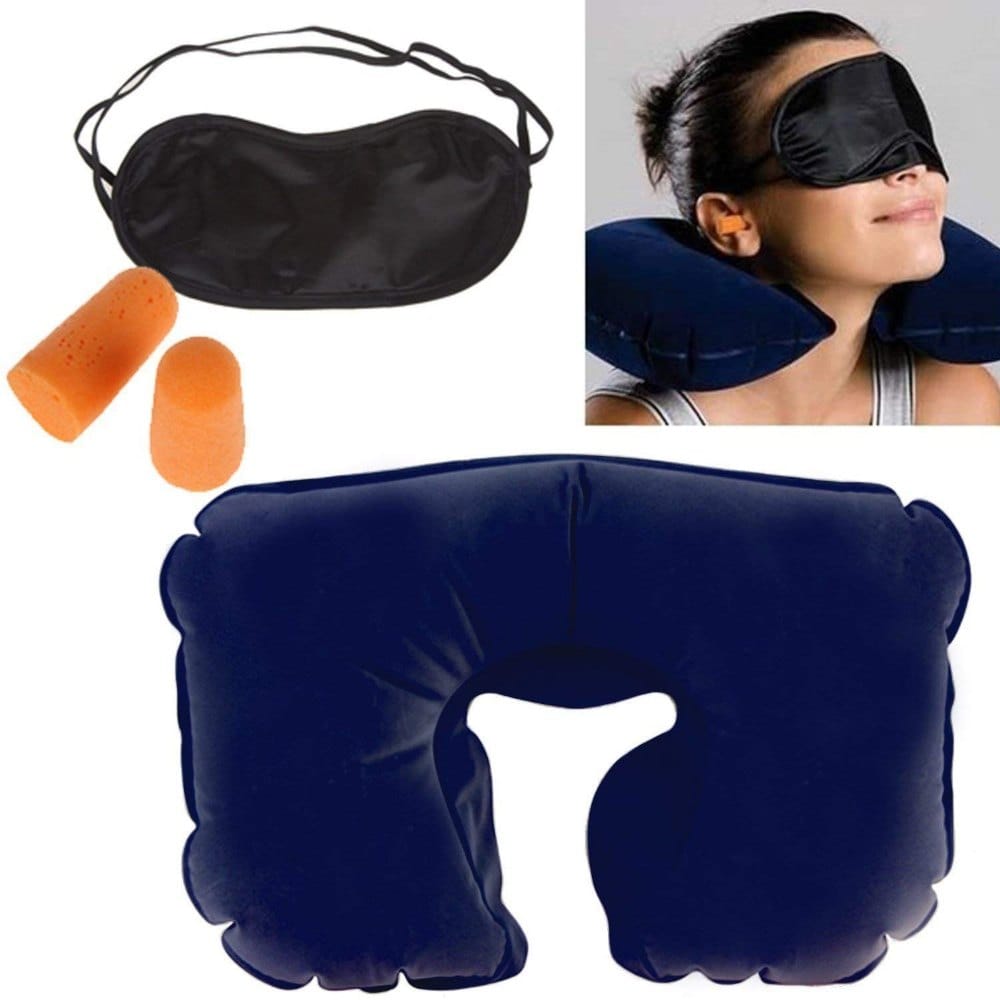 3 In 1 Air Travel Kit Combo - Pillow, Ear Buds & Eye Mask (Inflatable Neck Cushion - Flannelette, Ear Buds - Cotton Foam, Eye Mask - Polyester) (3 in 1 pillow for traveling.)
