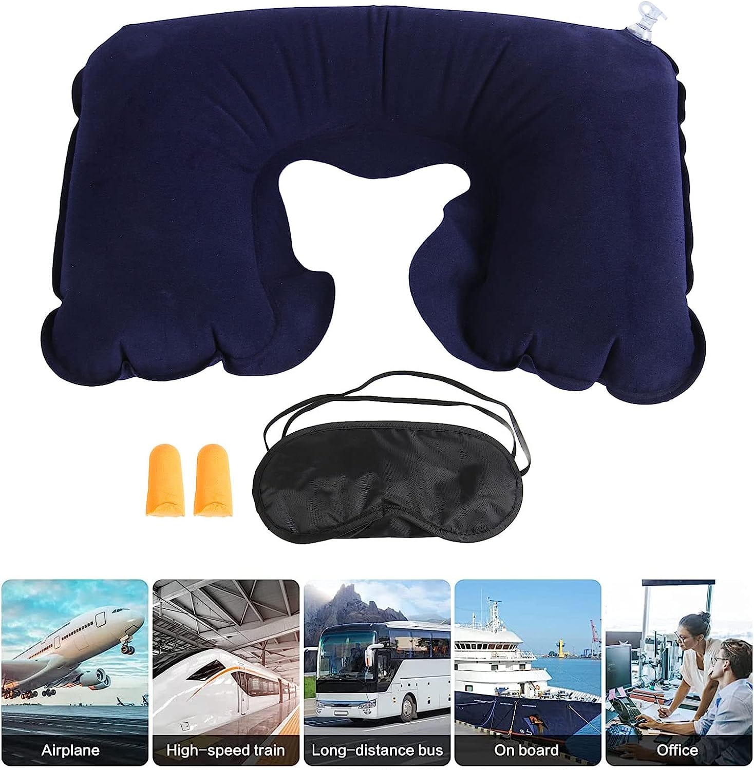 3 In 1 Air Travel Kit Combo - Pillow, Ear Buds & Eye Mask (Inflatable Neck Cushion - Flannelette, Ear Buds - Cotton Foam, Eye Mask - Polyester) (3 in 1 pillow for traveling.)