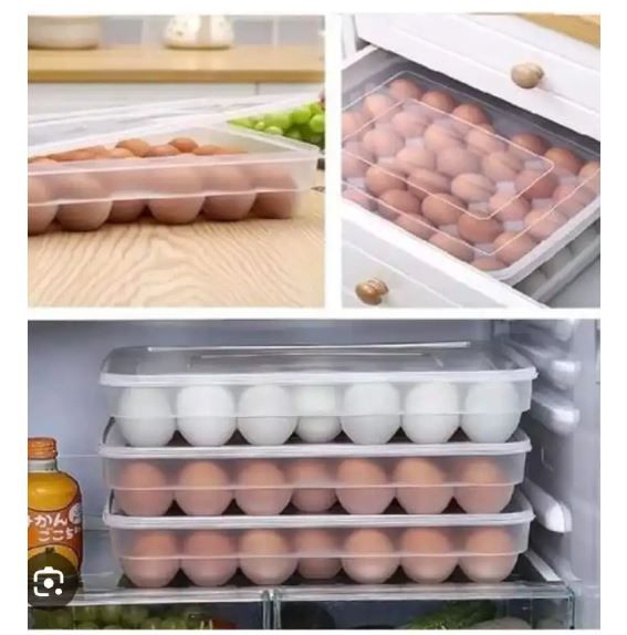 34-Egg Storage Container with Lid Stackable Fridge Organizer. Keep your eggs fresh, safe, and organized! This large-capacity egg tray with a secure lid is designed to store up to 34 eggs neatly
