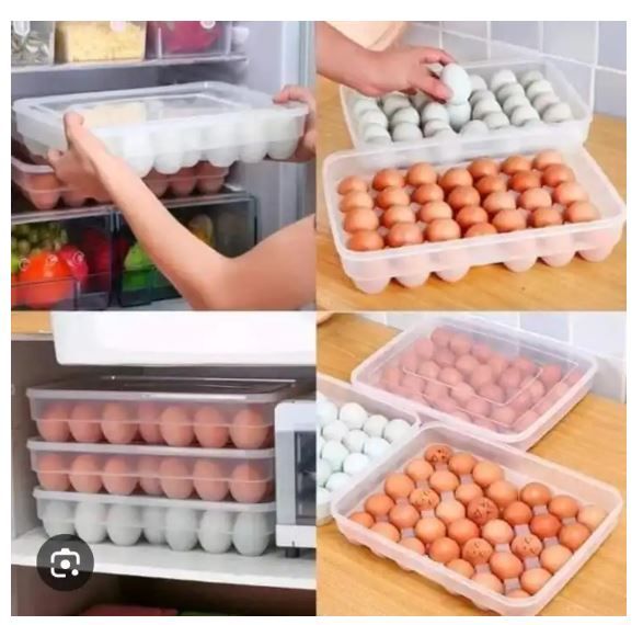 34-Egg Storage Container with Lid Stackable Fridge Organizer. Keep your eggs fresh, safe, and organized! This large-capacity egg tray with a secure lid is designed to store up to 34 eggs neatly