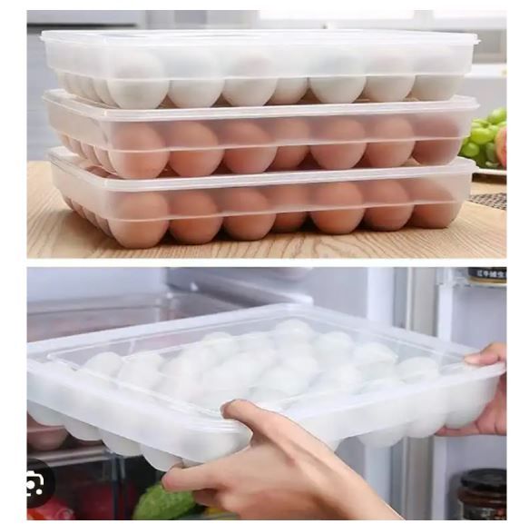 34-Egg Storage Container with Lid Stackable Fridge Organizer. Keep your eggs fresh, safe, and organized! This large-capacity egg tray with a secure lid is designed to store up to 34 eggs neatly