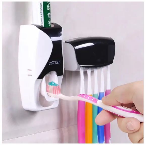 Automatic Toothpaste Dispenser with 5 Toothbrush Holders – Wall Mounted Toothpaste Squeezer, Bathroom Organizer, No-Drill Installation