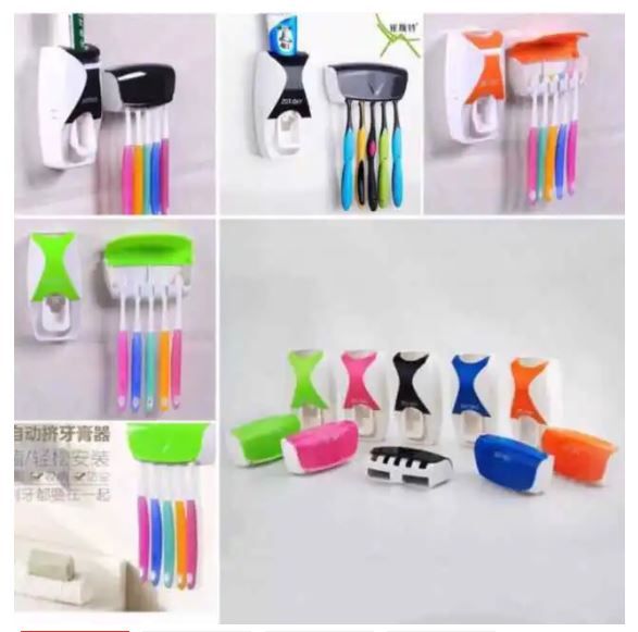 Automatic Toothpaste Dispenser with 5 Toothbrush Holders – Wall Mounted Toothpaste Squeezer, Bathroom Organizer, No-Drill Installation