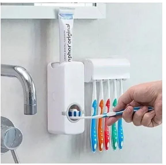 Automatic Toothpaste Dispenser with 5 Toothbrush Holders – Wall Mounted Toothpaste Squeezer, Bathroom Organizer, No-Drill Installation