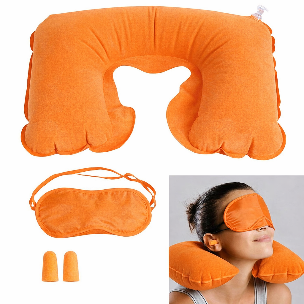 3 In 1 Air Travel Kit Combo - Pillow, Ear Buds & Eye Mask (Inflatable Neck Cushion - Flannelette, Ear Buds - Cotton Foam, Eye Mask - Polyester) (3 in 1 pillow for traveling.)