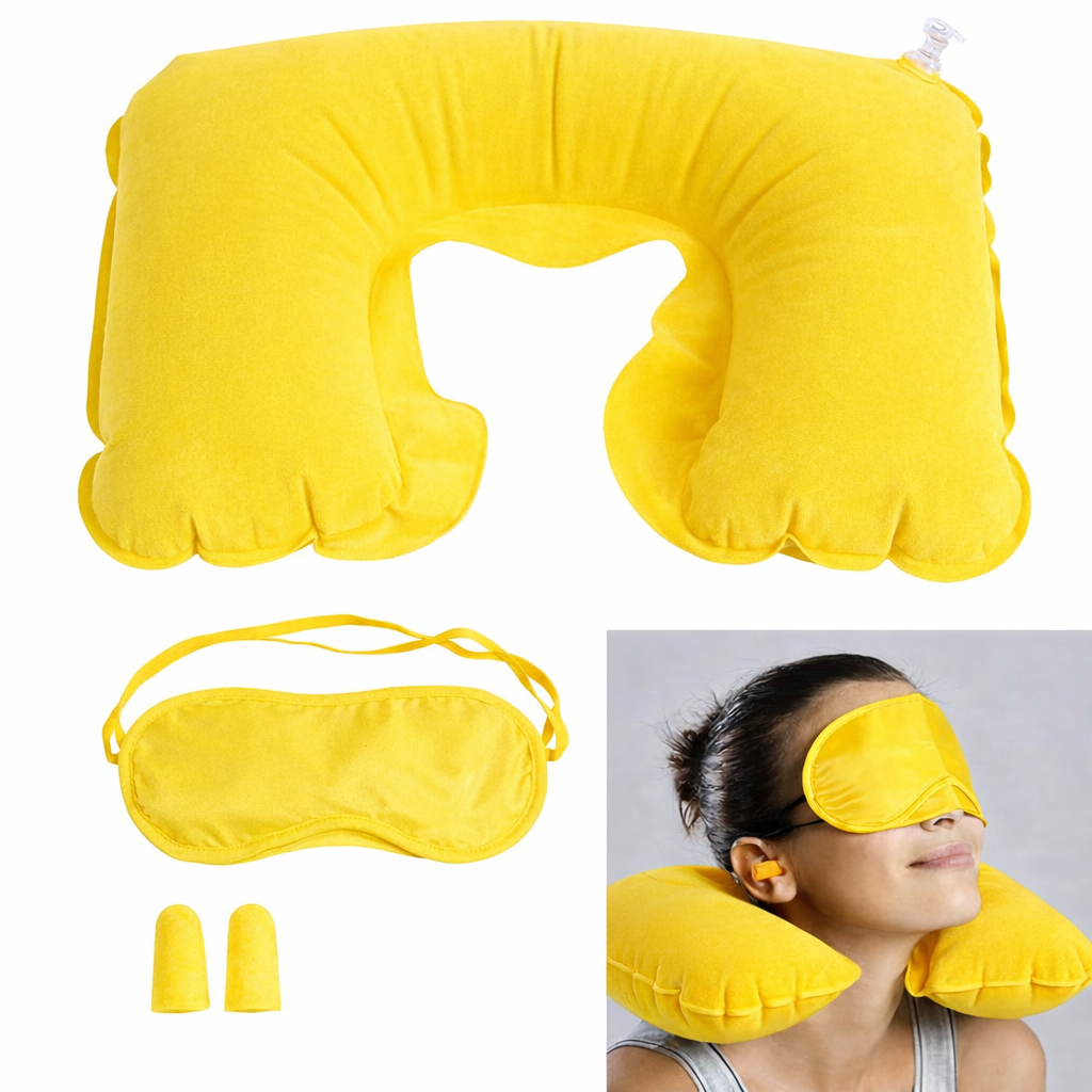 3 In 1 Air Travel Kit Combo - Pillow, Ear Buds & Eye Mask (Inflatable Neck Cushion - Flannelette, Ear Buds - Cotton Foam, Eye Mask - Polyester) (3 in 1 pillow for traveling.)